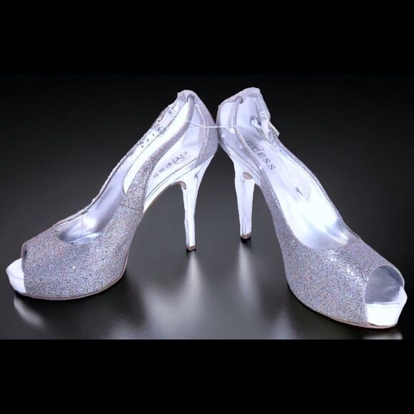 Guess rainbow silver glitter encrusted peep-toe stiletto heels - Picture 1 of 6